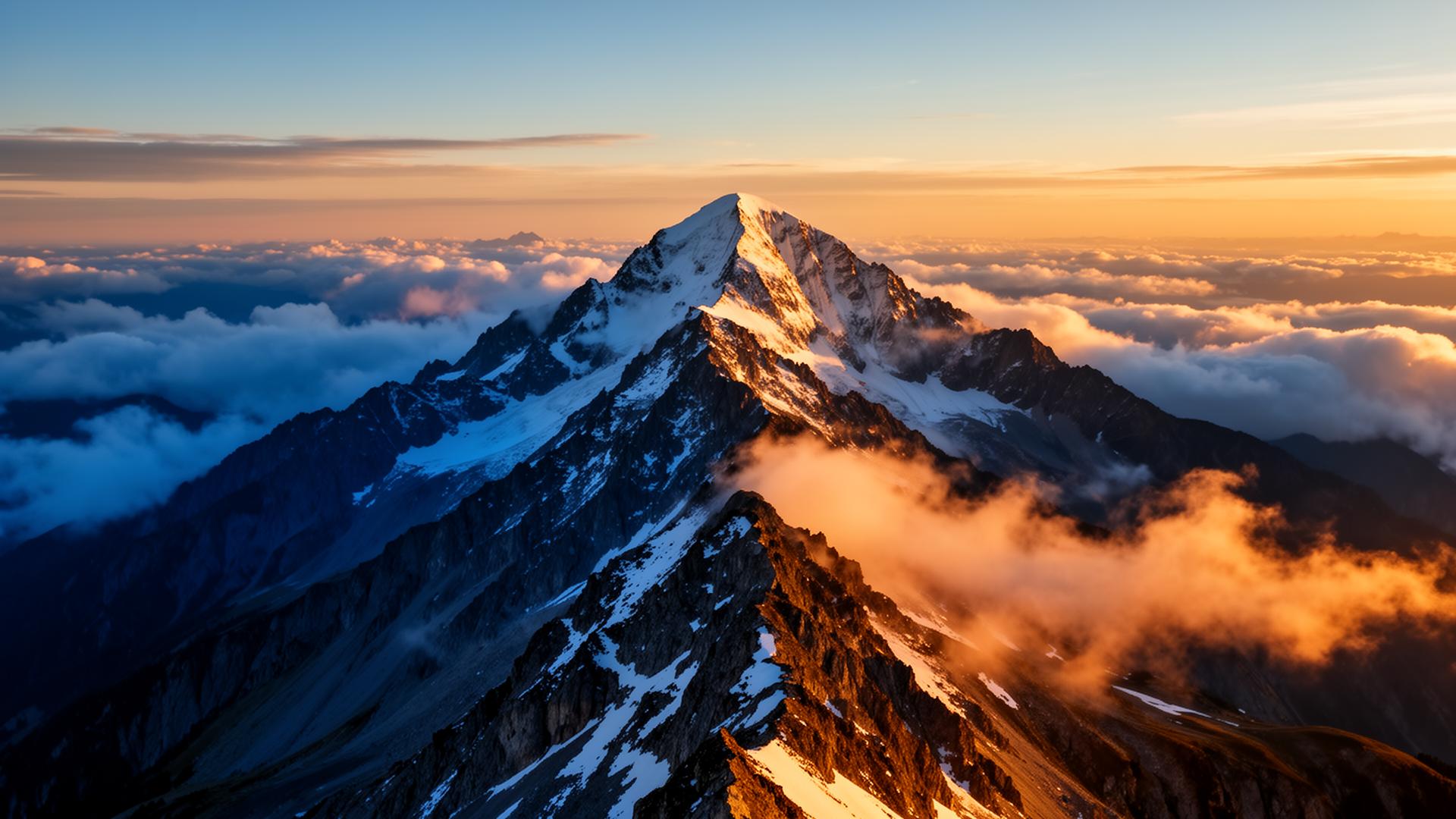 Snow-capped alpine summit at golden hour